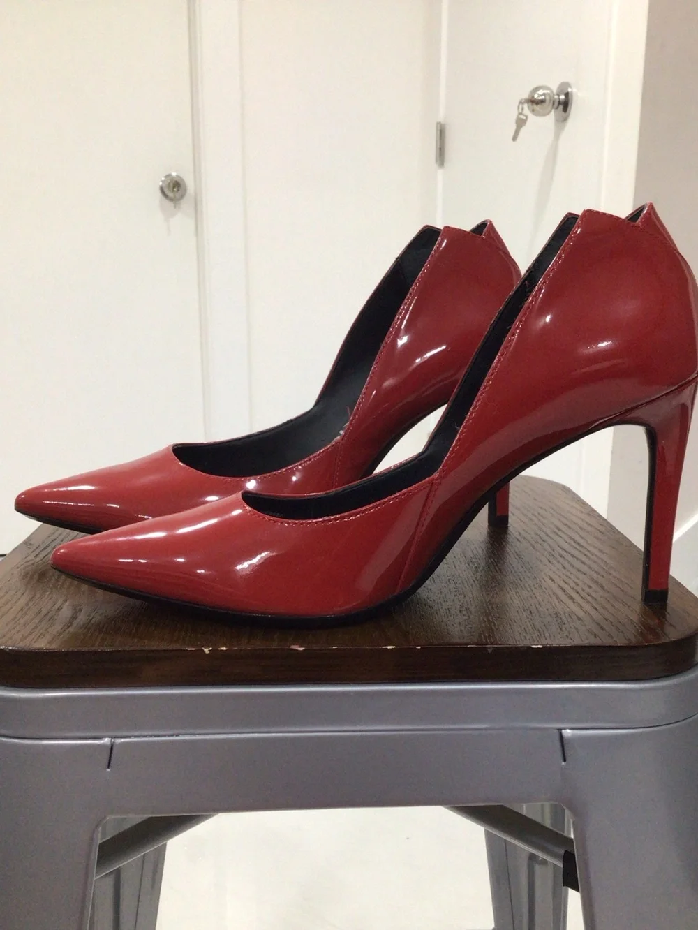 Calvin Klein Red Patent Pointed-Toe Pumps with Stiletto Heel